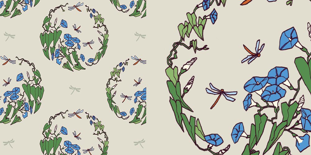 Plant Plus Animal: Dragonflies + Morning Glories Pattern