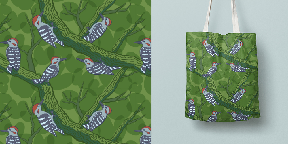 Plant Plus Animal: Woodpeckers + Bauhinia Pattern